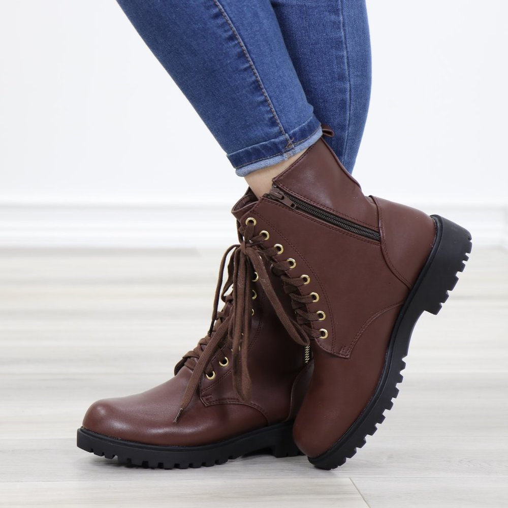 Faux leather brown laced up combat boots - Picture 8 of 11